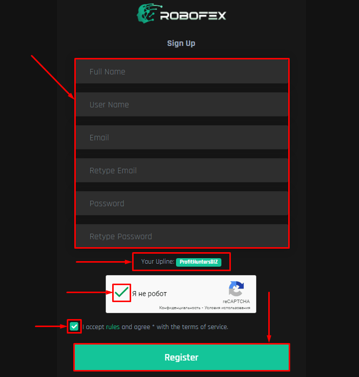 Регистрация в проекте Robofex