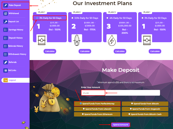 Creating a deposit in the Infernotrades.com project
