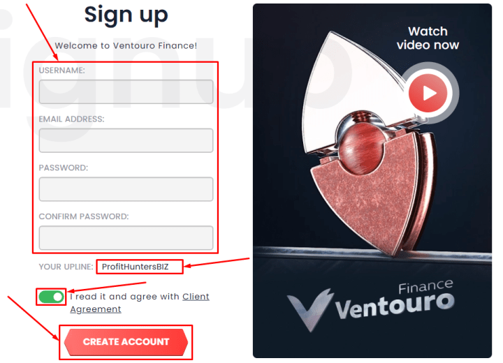 Регистрация в проекте Ventouro