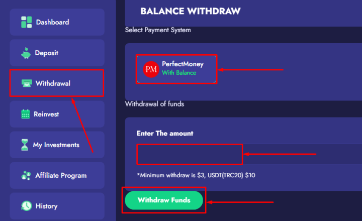 Withdrawal of funds in the ProfitGoal project