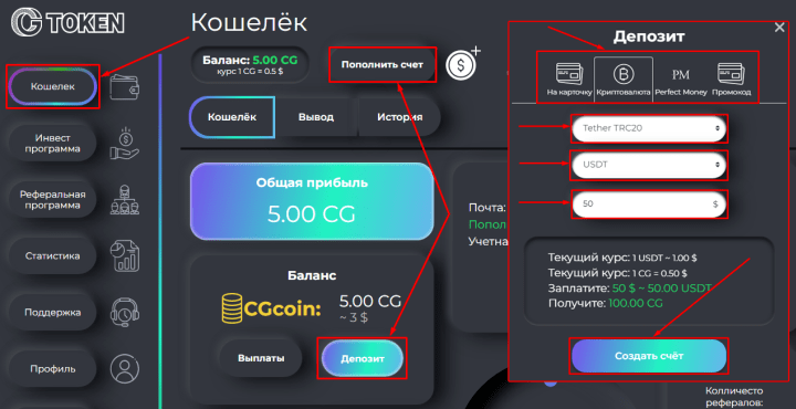 Replenishment of balance in the CGToken project