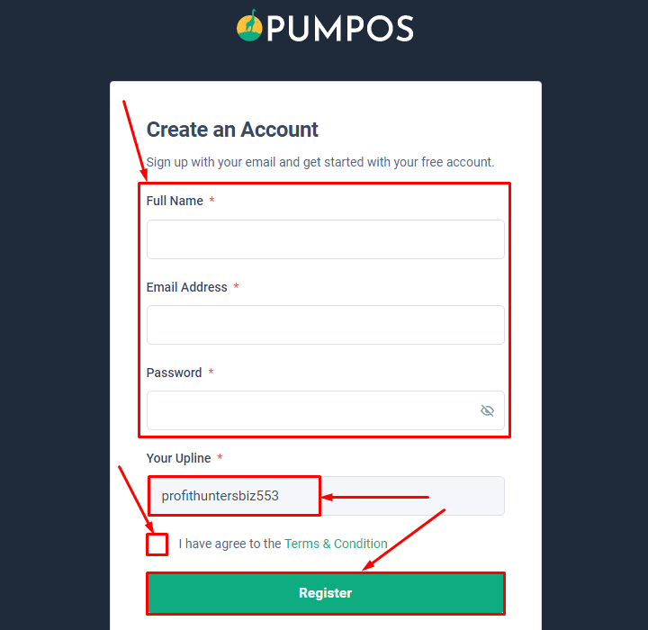 Регистрация в проекте Pumpos