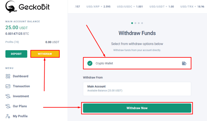 Withdrawing funds in the GeckoBit project