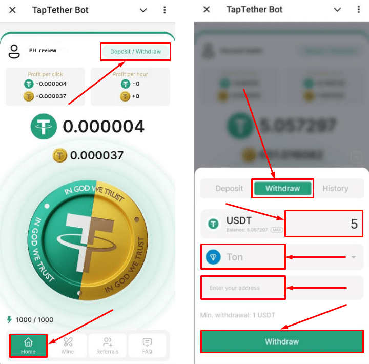 Вывод средств в проекте TapTether Bot